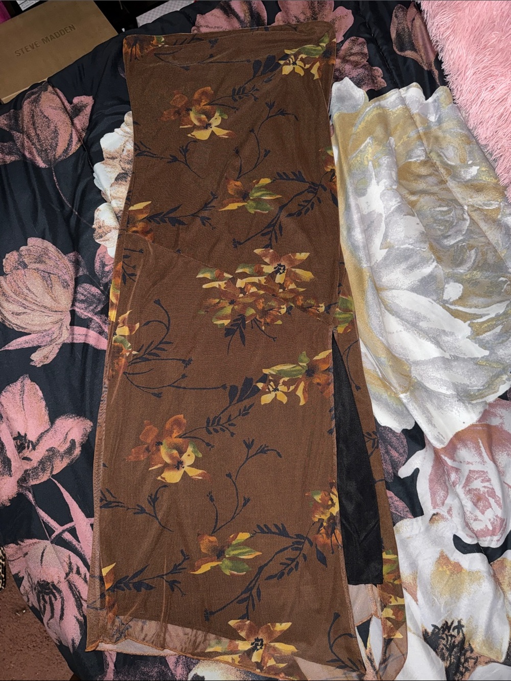 Brown Floral Midi Skirt with Side Slit